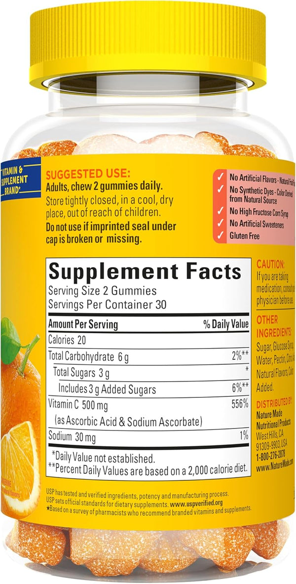Nature Made Extra Strength Dosage Vitamin C 500 Mg per Serving, Dietary Supplement for Immune Support, 60 Gummies, 30 Day Supply