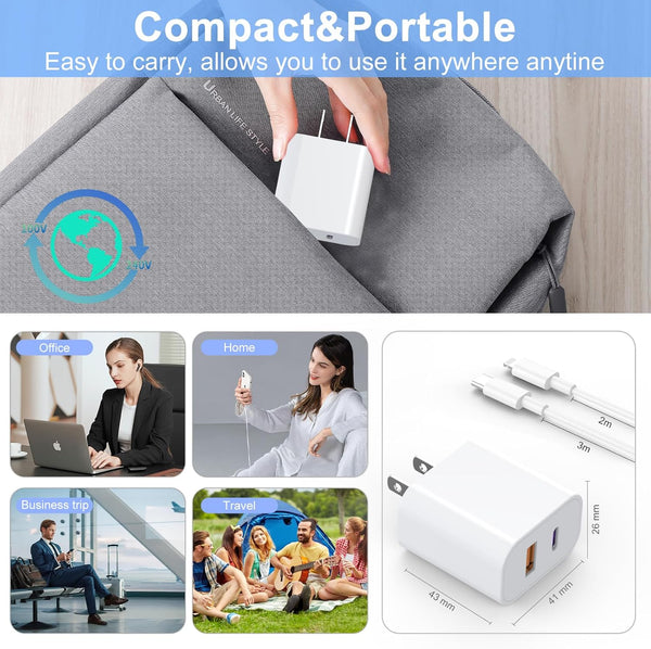 Ipad Charger 2 Pack 20W Dual Port QC + PD 3.0 Power Adapter Fast Wall Charger Block with 6FT&10FT Lightning Cord Cable for Ipad 9/8/ 7 Generation,