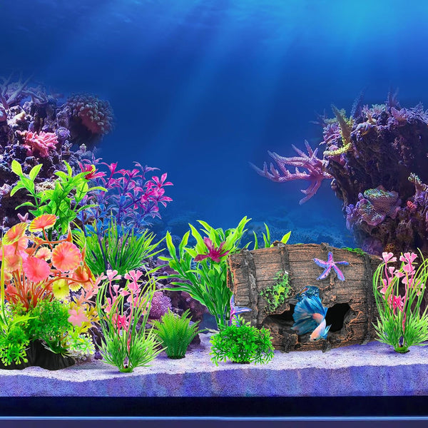 Cousduobe Fish Broken Barrel Decor Fish Tank Decorations Betta Fish Tank Accessories,Starfish Barrel X 1Pc, Fish Tank Plants X 8Pcs