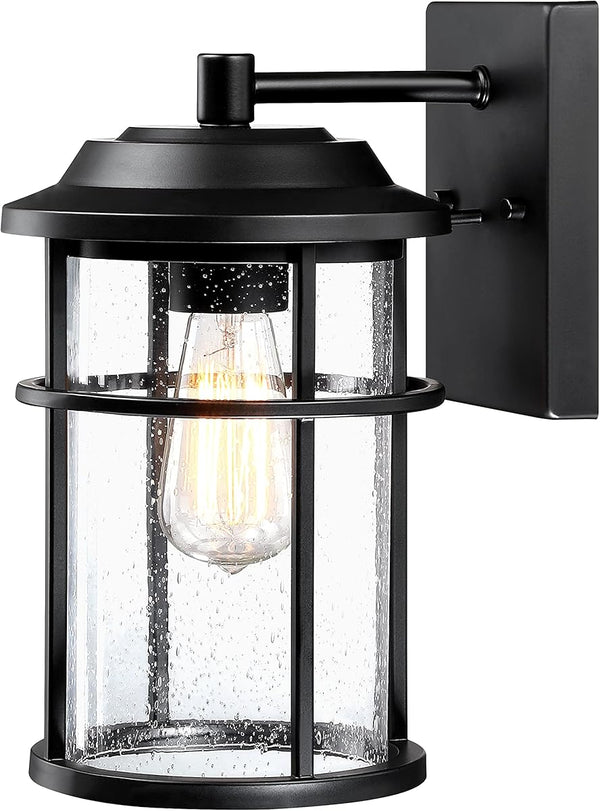 Outdoor Wall Lantern, Exterior Waterproof Wall Sconce Light Fixture, Anti-Rust Black Wall Mount Lighting with Seeded Glass Shade, E26 Socket Front