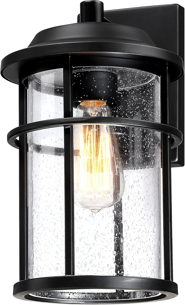 Outdoor Wall Lantern, Exterior Waterproof Wall Sconce Light Fixture, Anti-Rust Black Wall Mount Lighting with Seeded Glass Shade, E26 Socket Front