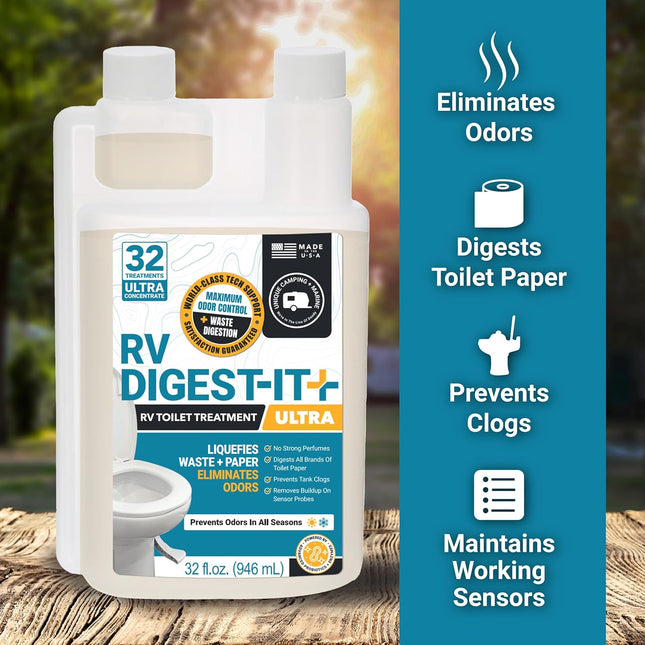 Unique RV Digest-It+ Extra-Strength Ultra-Concentrate - 32 RV Toilet Treatments - Eliminates Smells and Liquifies Waste 