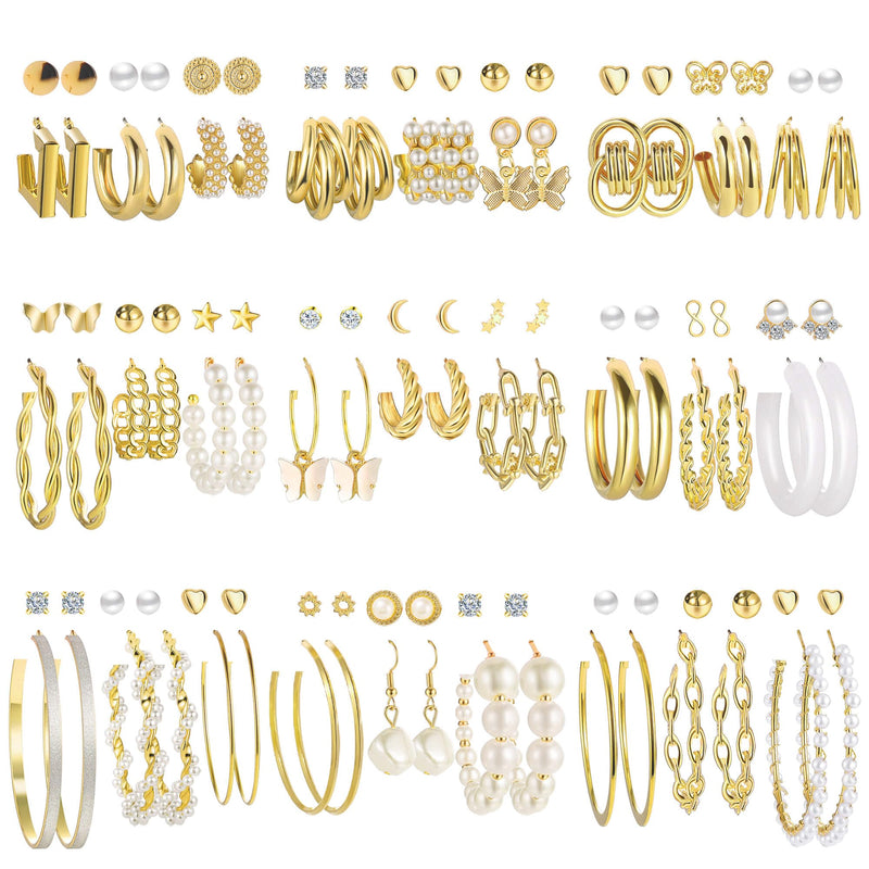 54 Pairs Gold Hoop Earrings Set for Women Multipack, Boho Fashion Statement Stud Hoop Earrings Pack with Pearl Butterfly Shaped Assorted Small Big