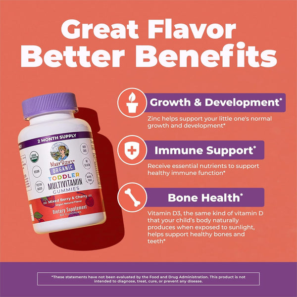 Maryruth Organics Vitamin Gummy | Kids and Toddlers Age 2+ | USDA | Daily Vitamin C | D3 | Zinc | Mixed Berry and Cherry | 2 Month Supply