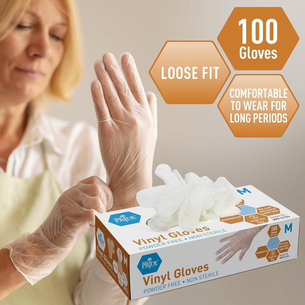 Med PRIDE Vinyl Gloves| Medium Box of 100| 4.3 Mil Thick, Powder-Free, Non-Sterile, Heavy Duty Disposable Gloves| Professional Grade for