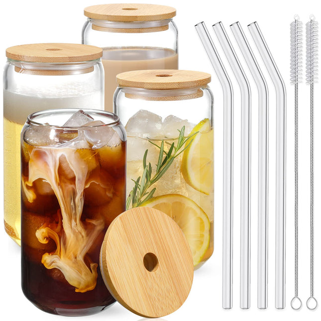 Drinking Glasses with Bamboo Lids and Glass Straw 4pcs Set - 16oz Glass Cups, Iced Coffee Glasses, Cute iced Tea Glasses