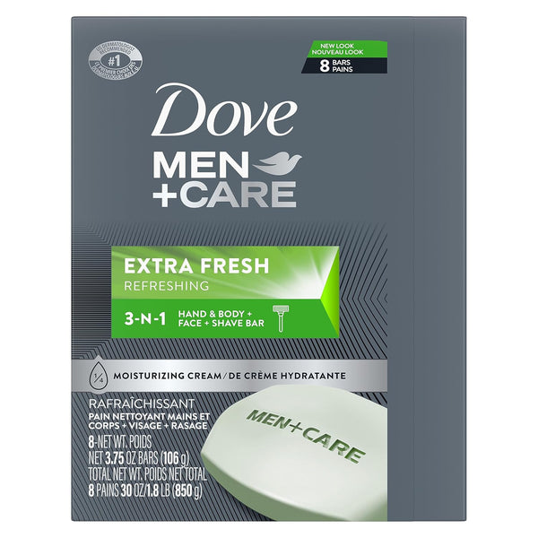 DOVE MEN + CARE 3 in 1 Bar Cleanser for Body, Face, and Shaving Extra Fresh Body and Facial Cleanser More Moisturizing than Bar Soap to Clean and