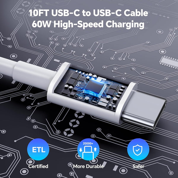 Dayaoncy Compatible with Iphone 16/15 Charger Fast Charging, 20W USB C Wall Charger with 3Pack 10FT USB C to C Cable, Type C to Type C Fast