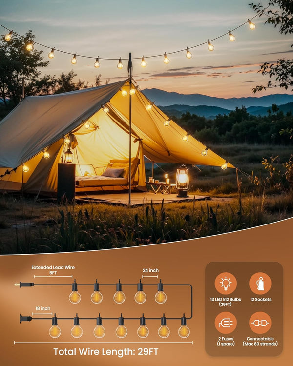 Outdoor String Lights 25 Feet G40 Globe LED Patio Lights with 13 Edison Plastic Bulbs(1 Spare), Waterproof Connectable Hanging Lights for Backyard