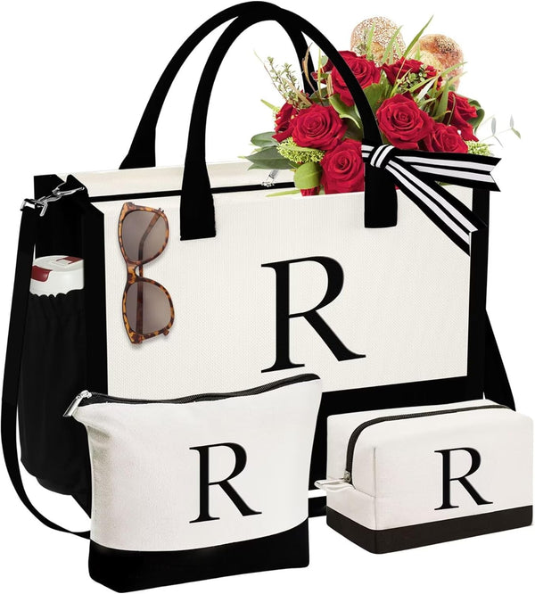 YOOLIFE Initial Canvas Tote Bag & Makeup Bag, Birthday Gifts for Women Mom Sister Friends, Bridesmaid Wedding Gifts