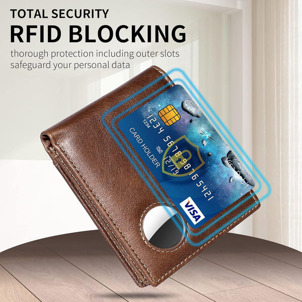 Swallowmall Airtag Wallet Men RFID Blocking Genuine Leather Bifold Mens Wallet for Airtag 1 ID Window 12 Card Holders Gift Box (Airtag Not