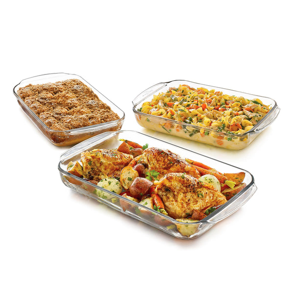 Libbey Baker'S Basics 3-Piece Rectangular Glass Casserole Baking Dish Set, Clear, 2 Qt, 2.7 Qt, 3.4 Qt, Transparent, Stackable, Dishwasher Safe
