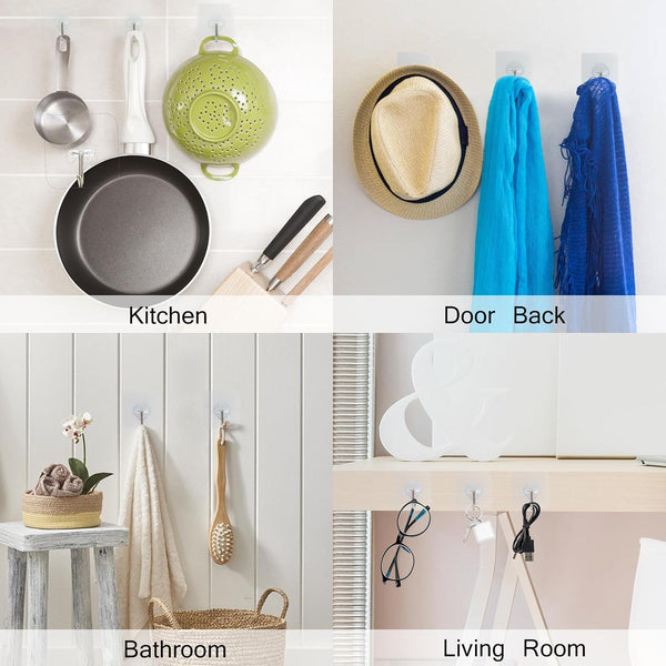Adhesive Hooks, 32 Pack 33Lb(Max) Sticky Hooks, Transparent Reusable Removable Adhesive Hooks for Hanging, Wall Hooks for Hanging Can Be Use for