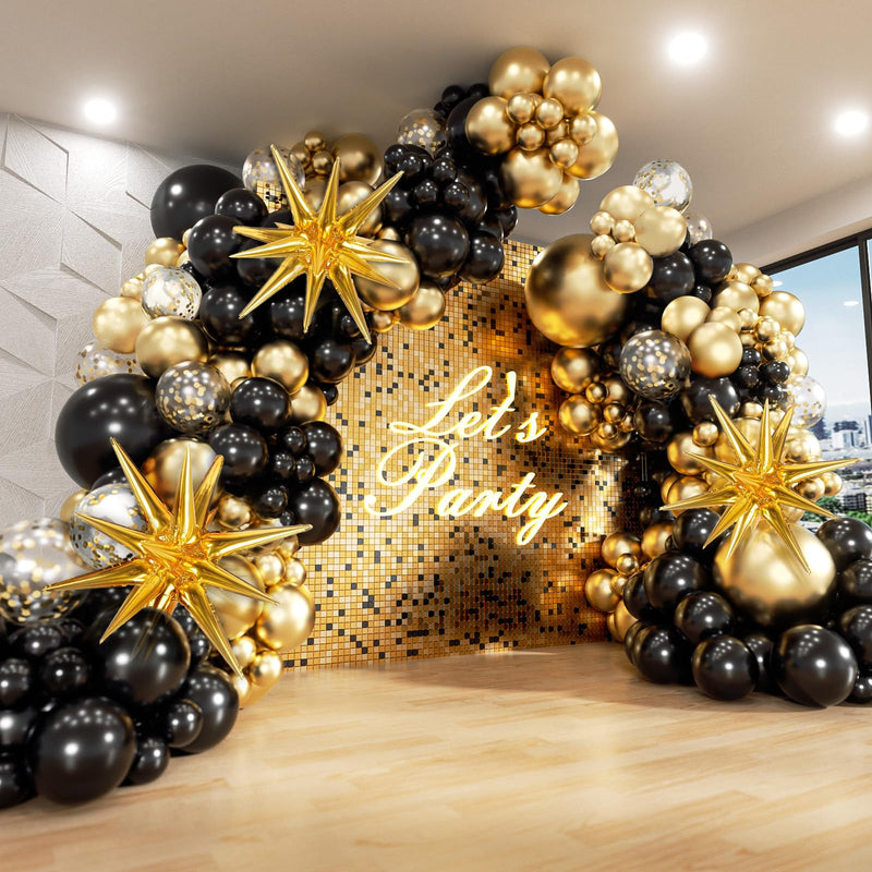 FOTIOMRG Black and Gold Balloons Garland Arch Kit, 5 10 12 18Inch Black Gold Confetti Latex Balloons for 2024 Graduation New Year Anniversary