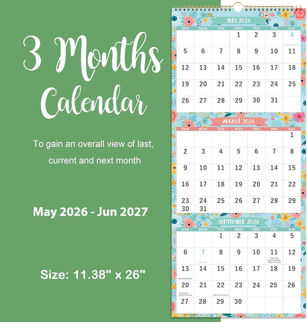 Calendar 2025-2026 - May. 2025 - Jun. 2026, 3 Month Display Wall Calendar (Folded in One Month), 11.3" X 26" (When Opened), Vertical Calendar