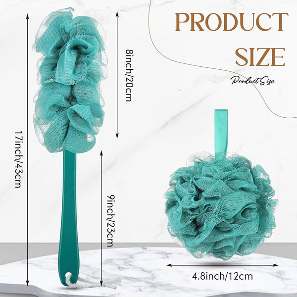 Sunnyray 4 Pack Back Scrubber for Shower and Shower Loofah Sponge Set, 50G Shower Loofah Poufs, Loofah Body Scrubber with Long Handle, Loofah on a