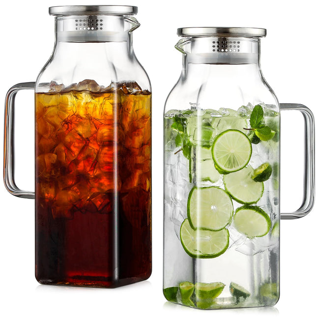 Netany 2 Pack 2 Liters/68 Oz Square Glass Pitcher with Lid and Handle for Fridge, Iced Tea and Coffee Carafe Beverage Se