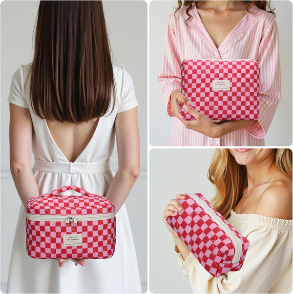 Quilted Makeup Bag Set - 3 PCS Cute Floral Cotton Makeup Bag, Large Coquette Aesthetic Make up Cosmetic Bag, Flower Travel Toiletry Organizer Bags