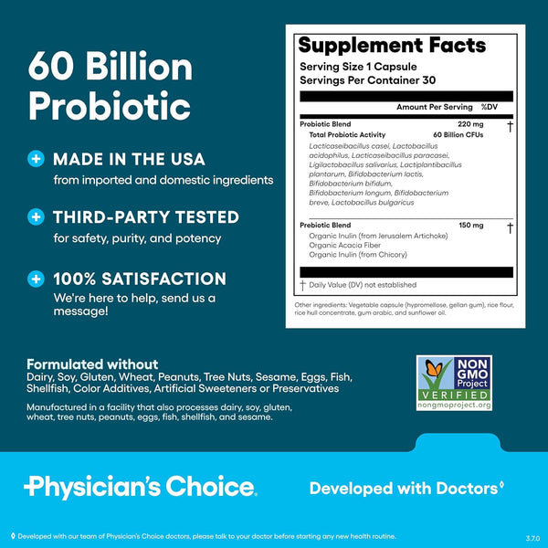 Physician'S Choice Probiotics 60 Billion CFU - 10 Strains + Organic Prebiotics - Immune, Digestive & Gut Health - Supports Occasional