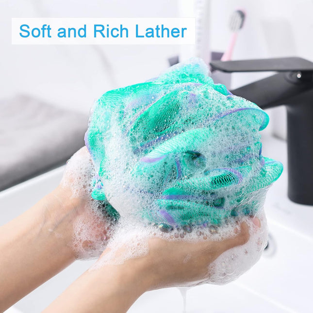 Amazerbath Loofah Sponge 75G/Piece, Exfoliating Bath Sponge Body Scrubber - Loofa Set of 4 Flower Color (Large, Green-Pu