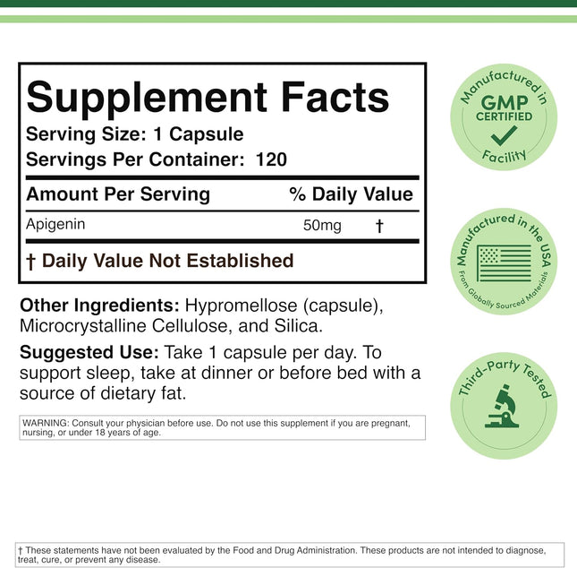 Apigenin Supplement - 50Mg per Capsule, 120 Count (Powerful Bioflavonoid Found in Chamomile Tea for Relaxation, Sleep, a