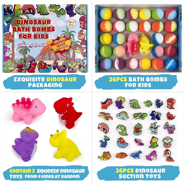 26+2 PCS Bath Bombs for Kids with 26 Dinosaur Suction Toys Inside, Organic Kids Bath Bombs Gift Sets with 2 Squeeze Dino