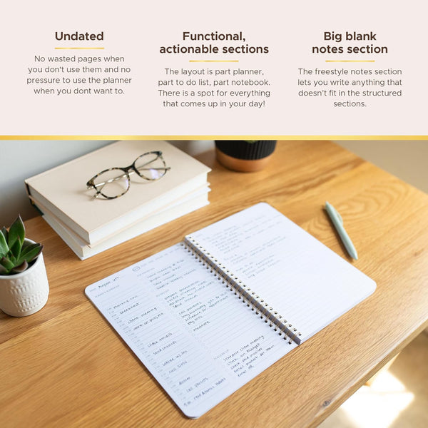 Simple Daily Planner Undated with Hourly Schedule - 6.5X9.25" Sage Green Day Planner & Spiral to Do List Notebook - Aesthetic and Cute Work