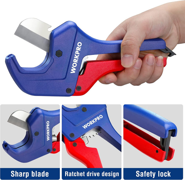 WORKPRO Ratchet PVC Pipe Cutter, Up to 1-5/8", Plastic Pipe and Tubing Cutter for PEX, PVC, PPR, and Plastic Hoses, High-quality Aluminum