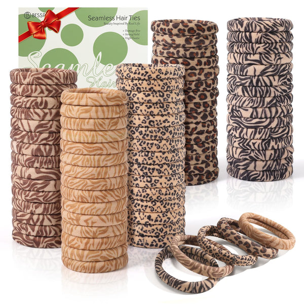Bessrung 100PCS Seamless Elastic Hair Ties for Women Girls, No Damage Ponytail Holders for Thin Thick Hair, Leopard Animal Print Hair Bands for