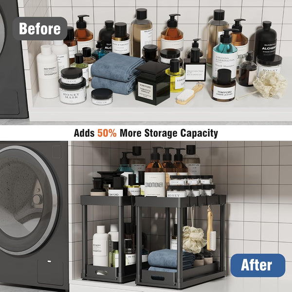 2PC under Sink Organizer Rack 2 Tier under Sliding Cabinet Basket Organizer Drawer with 4 Hooks, Multi-Purpose under Sink Storage for Bathroom