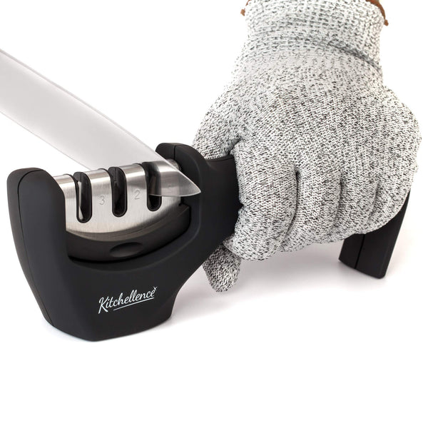 4-In-1 Kitchen Knife Accessories: 3-Stage Knife Sharpener Helps Repair, Restore, Polish Blades and Cut-Resistant Glove (Black)