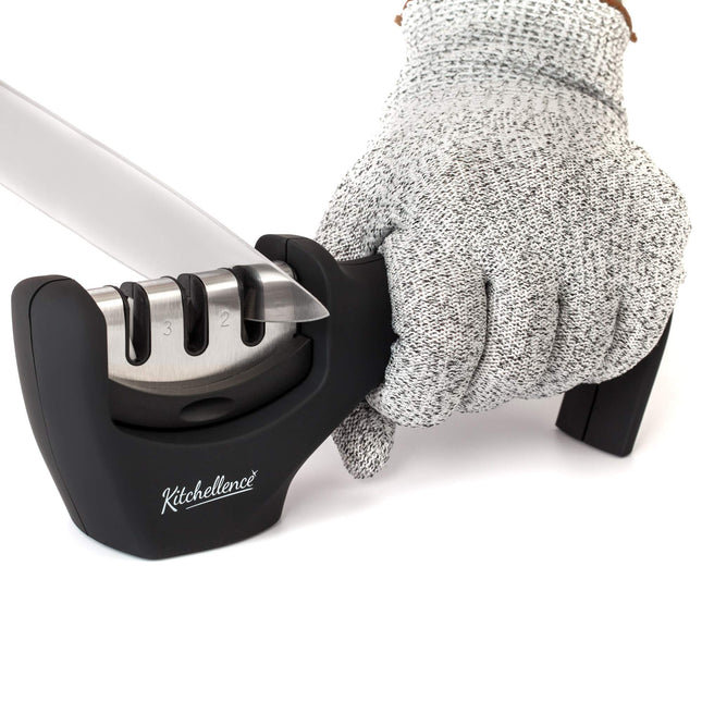 4-In-1 Kitchen Knife Accessories: 3-Stage Knife Sharpener Helps Repair, Restore, Polish Blades and Cut-Resistant Glove (