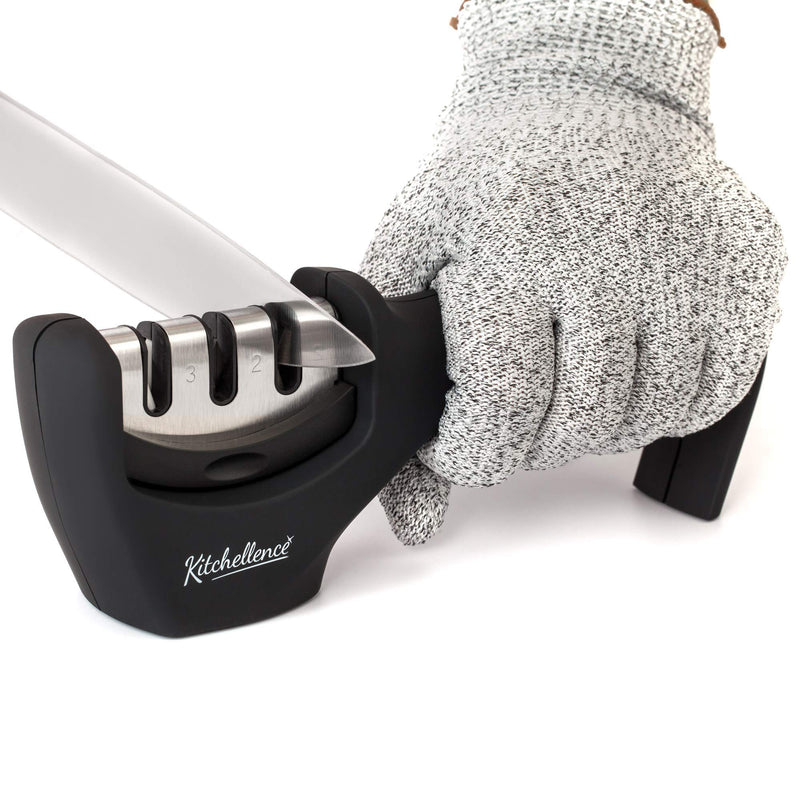 4-In-1 Kitchen Knife Accessories: 3-Stage Knife Sharpener Helps Repair, Restore, Polish Blades and Cut-Resistant Glove (Black)