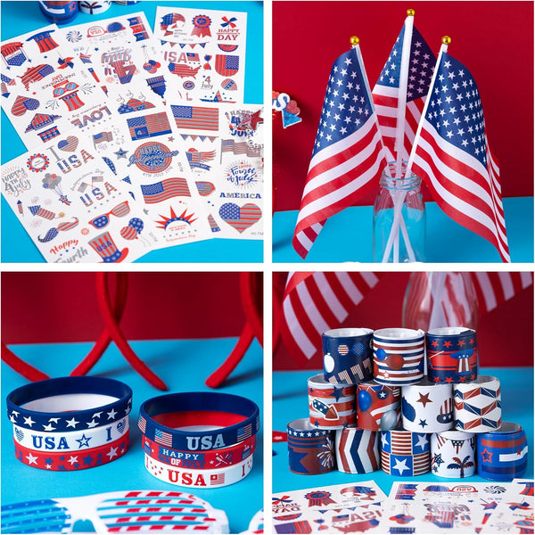 4Th of July Party Favors Set, Fourth of July Decorations 158 Pcs Accessories Includes Slap Bracelets, Necklaces, USA Flags, Tattoos, Wristbands,