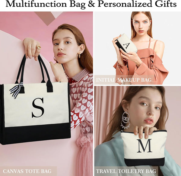 YOOLIFE Initial Canvas Tote Bag & Makeup Bag, Birthday Gifts for Women Mom Sister Friends, Bridesmaid Wedding Gifts
