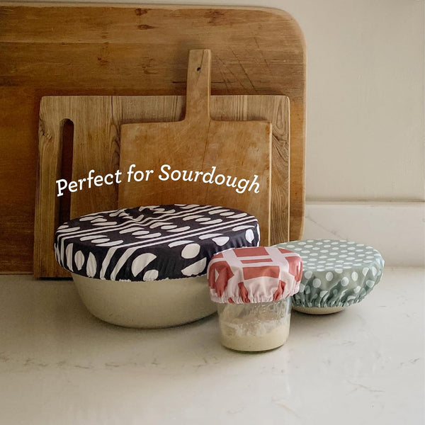 Esembly Bowl Caps - Reusable Bowl Covers in Pack of 4 - Waterproof, Washable Lids for Leftover Food, Fruits and Snacks - Buds + Gingham, 4-Pack