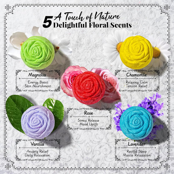 Bath Bomb Gift Set for Women â 10 Pack Handmade with Natural Essential Oils, 5 Aromatic Scents, Relaxing Rose Bubble Bath, Self Care Birthday &