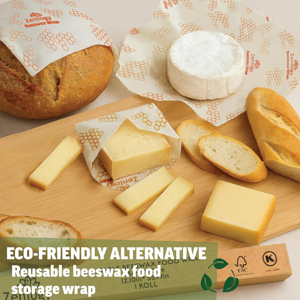 Zenlogy Reusable Beeswax Food Storage Wrap, Eco Friendly Alternative, Sustainable Organic Cut to Size Cotton Beeswax Wraps, 1 Roll, 13In X 55In