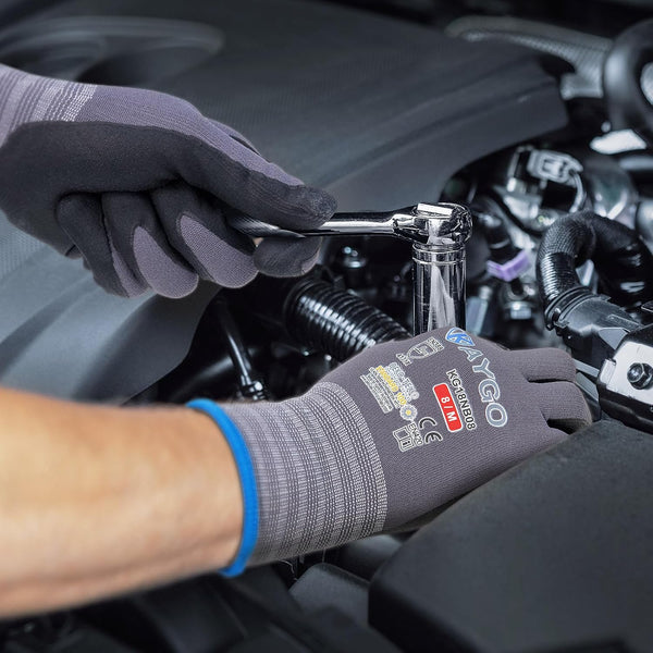 KAYGO Safety Work Gloves Microfoam Nitrile Coated-3 Pairs, Kg18Nb,Seamless Knit Nylon Glove with Black Micro-Foam Nitrile Grip,Ideal for General