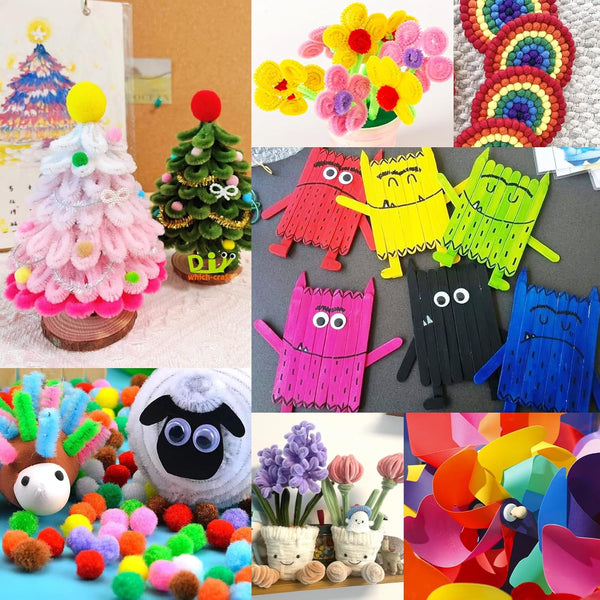 FUNZBO Arts and Crafts Supplies for Kids - Craft Kit with Glitter Glue Stick, Pipe Cleaners Pom Poms Craft & Craft Tools, DIY School Supplies Kit,