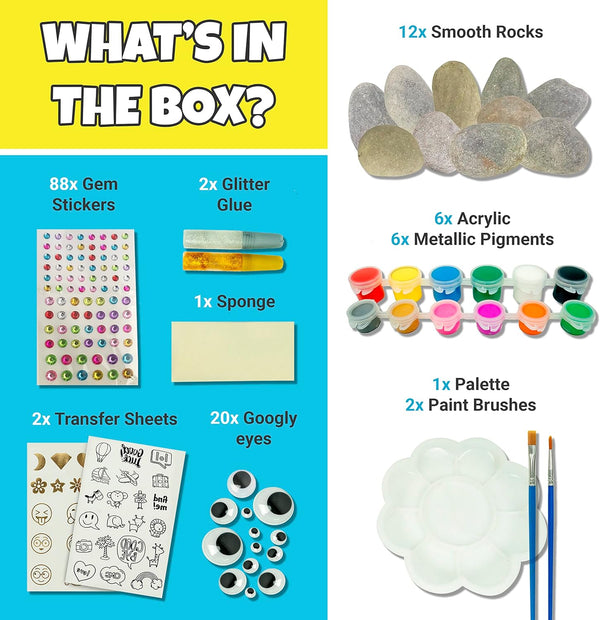 JOYEZA Rock Painting Kit Deluxe, Arts and Crafts for Girls Boys Age 6+, 12 Rocks Tween Gift Art Set, Waterproof Paints, Craft Kits Art Supplies,
