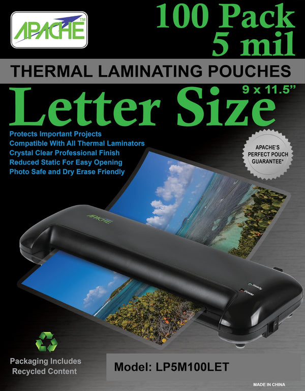 Apache Laminating Pouches 5 Mil, for 8.5 X 11 Inch Letter Size Paper 9 X 11.5 Inch Sheets, 100 Pack