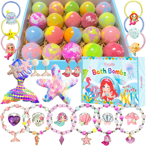 Mermaid Bath Bombs for Kids Girls with Surprise Inside, 20 Pcs Fun Princess Fizzy Bath Bomb with Jewelry Toys, Mothers Day Gifts for Daughter Wife