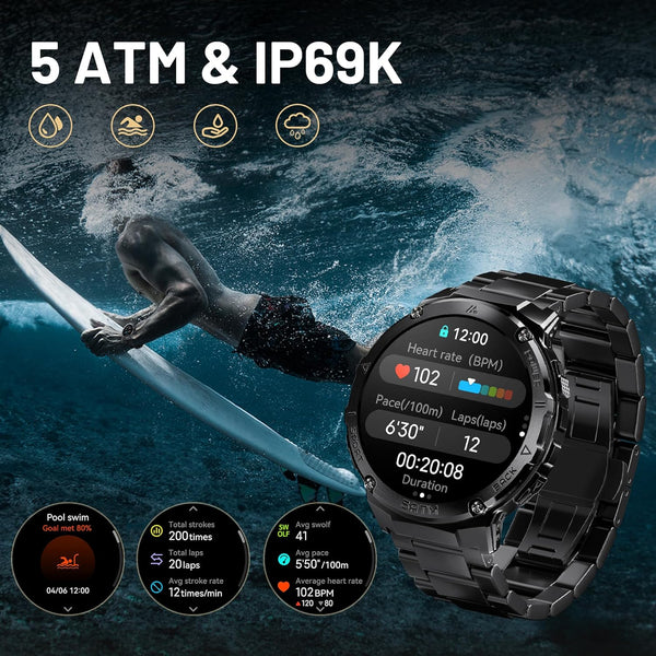 Smart Watches for Men GPS, Pressure,Altitude,Compass, 480Mah Extra-Large Battery, 50M Waterproof, Full Metal Body Rugged Smartwatch, Answer/Make