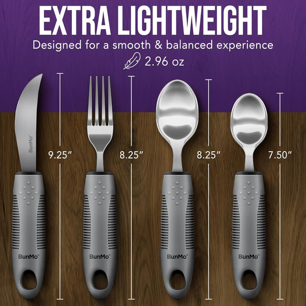 BUNMO Utensils for Elderly, Arthritis, Weak Hand Grip, Tremors & Handicapped - Convenient Travel Pouch - 2.6Oz Lightweight - Stainless Steel - Eat