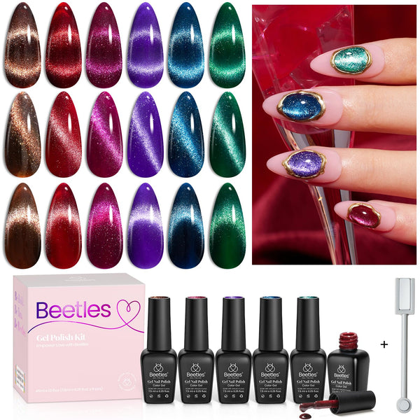 Beetles Cat Eye Gel Nail Polish Set, 6 Colors Glitter Gel Polish Kit Red Pink Shiny Brown Burgundy Purple Blue Green Magnetic Effect Sparkle
