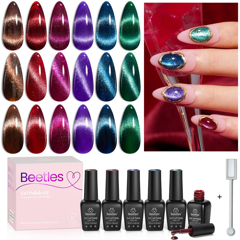 Beetles Cat Eye Gel Nail Polish Set, 6 Colors Glitter Gel Polish Kit Red Pink Shiny Brown Burgundy Purple Blue Green Magnetic Effect Sparkle