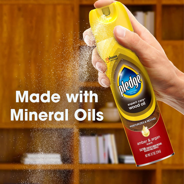 Pledge Moisturizing Wood Oil, Furniture Reviving Spray, Amber & Argan Scent, 9.7Oz