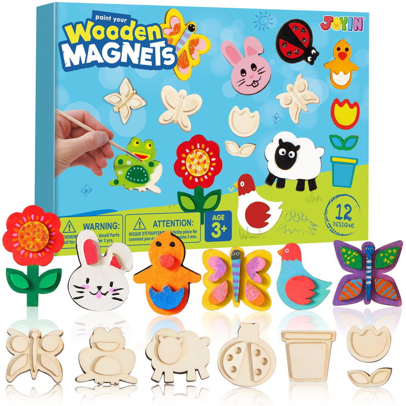 JOYIN 12 Wooden Magnet Creativity Arts & Crafts Painting Kit for Kids, Decorate Your Own Painting Gift for Halloween Crafts, Birthday Parties and