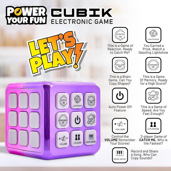 Power Your Fun Cubik LED Flashing Cube Memory Game - Electronic Handheld Game, 5 Brain Memory Games for Kids STEM Sensory Toys Brain Play Puzzle